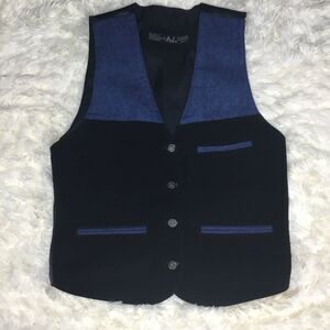 Blue denim black leather waistcoat bird buttons satin tie back pit 20” M